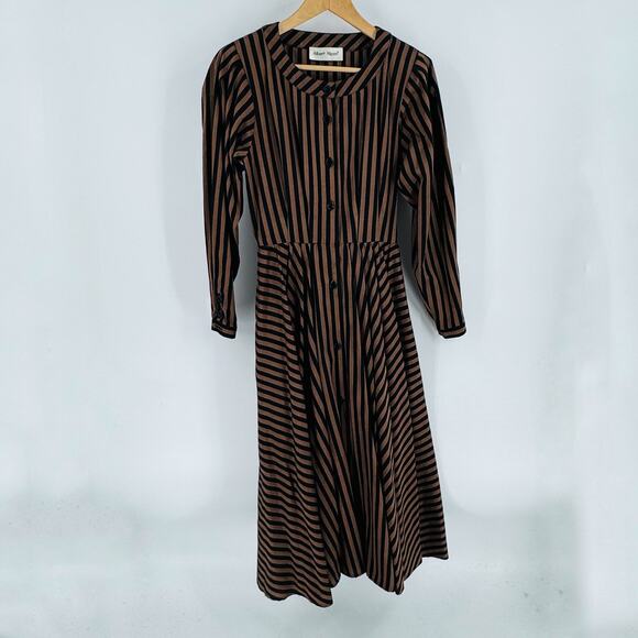 Vintage Albert Nipon Striped Button Front Midi Dress Brown Black Long Sleeve - Picture 1 of 9